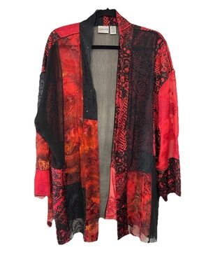 Chico’s Silk Patchwork Kimono Jacket Red Black Boho Goth L XL